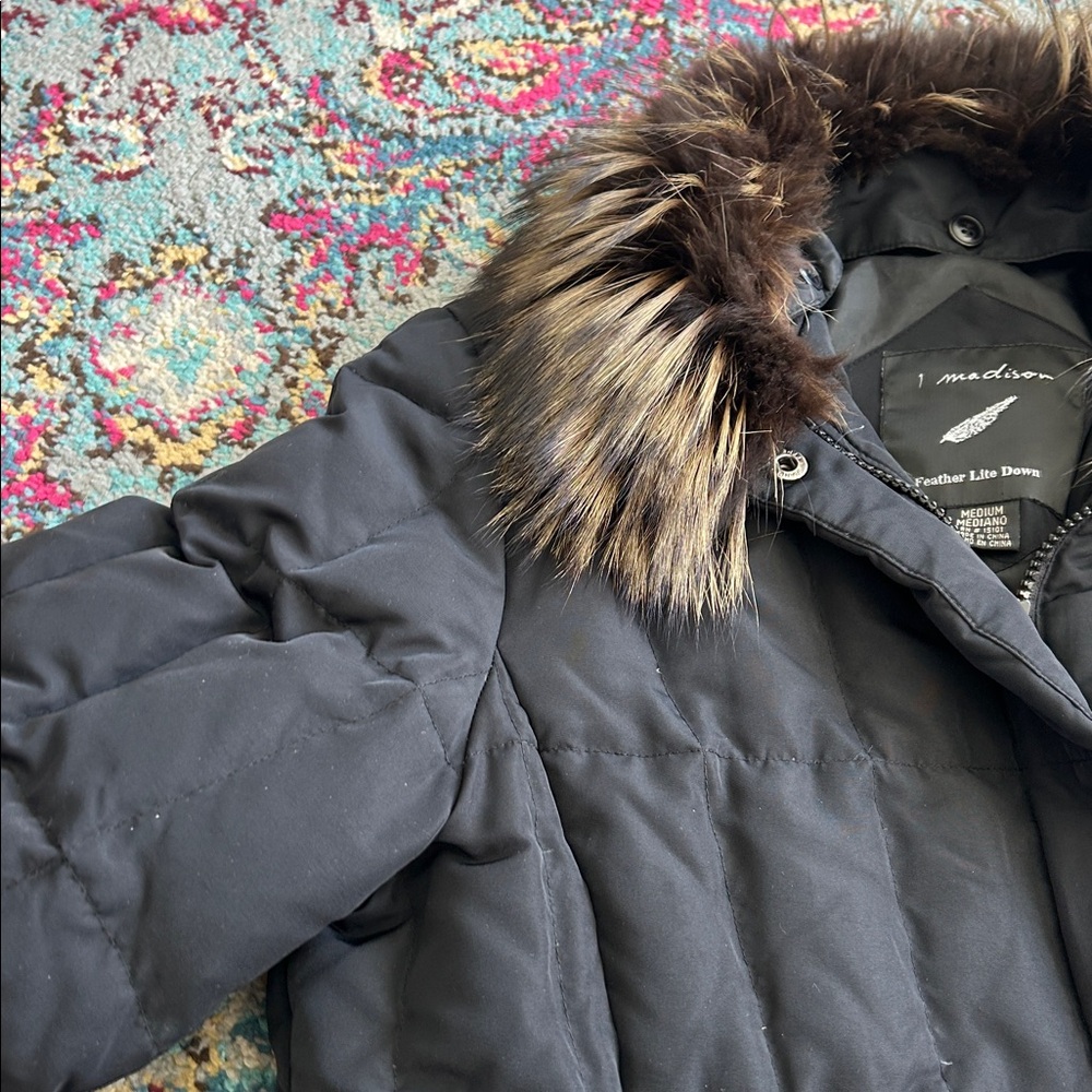 1 Madison Black feather lite down Parka Fox fur collar medium - Picture 4 of 8